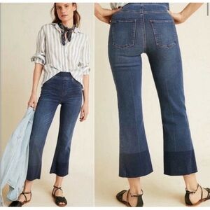 SPANX Two-Tone Blue Ankle Crop Stretch Jeans, Raw Hem Flare